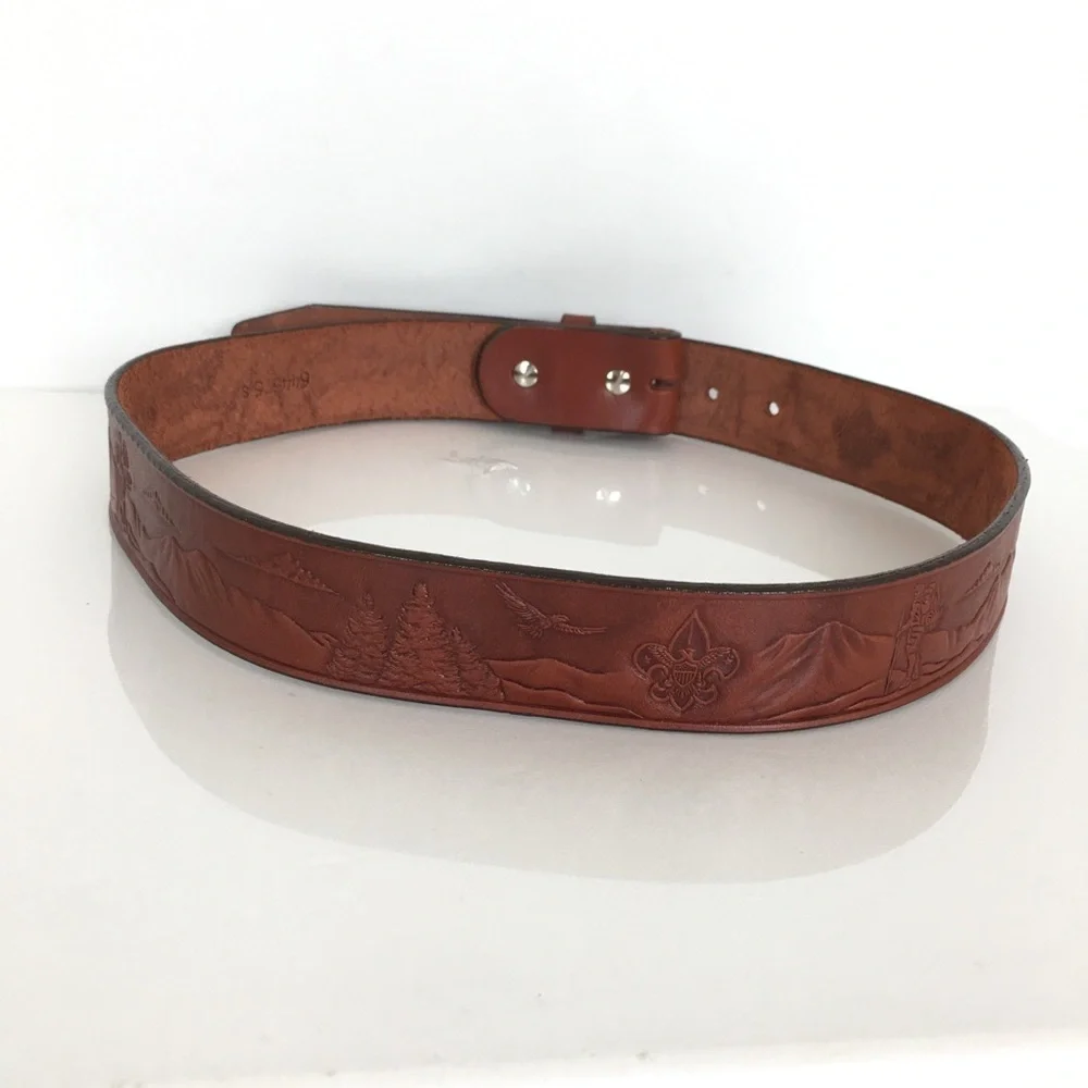 Hand Tooled Leather Belt Mountain Scene Brown Western Size S Unisex Rodeo Cowboy